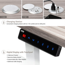 Load image into Gallery viewer, BRODAN Electric Standing L Desk with Power Charging Station, Oak Top with Gray Frame, 67x59 inches