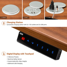Load image into Gallery viewer, BRODAN Electric Standing L Desk with Power Charging Station, Walnut Top with Black Frame, 67x59 inches