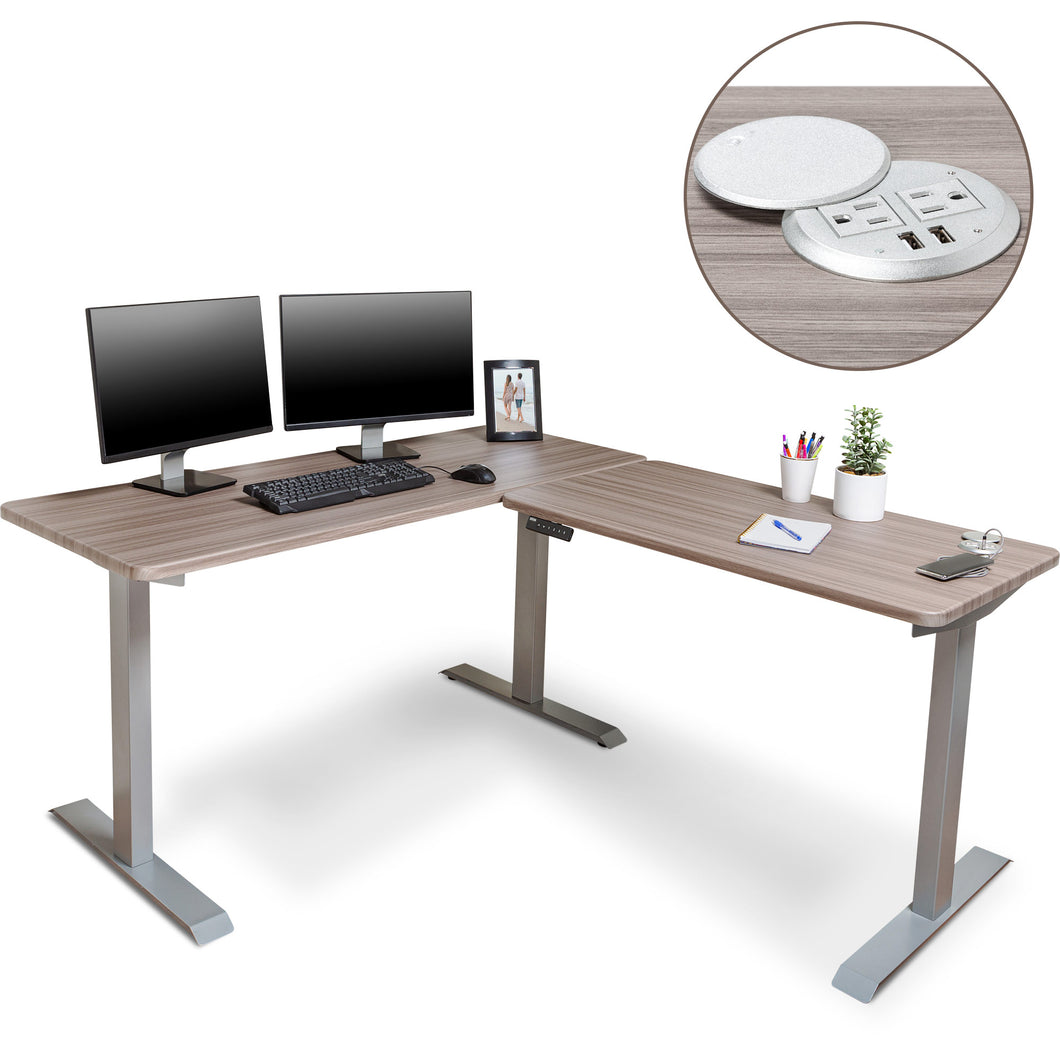 BRODAN Electric Standing L Desk with Power Charging Station, Oak Top with Gray Frame, 67x59 inches