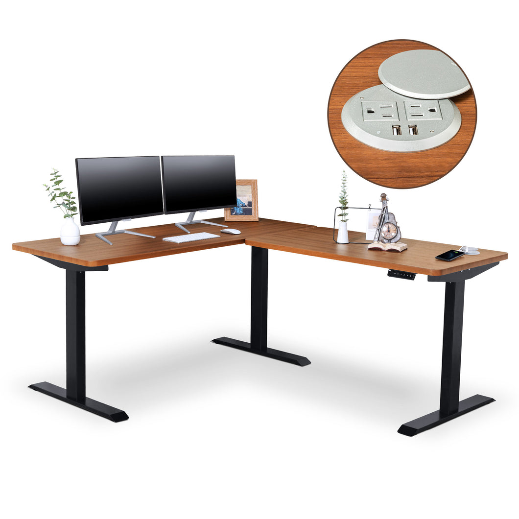 BRODAN Electric Standing L Desk with Power Charging Station, Walnut Top with Black Frame, 67x59 inches