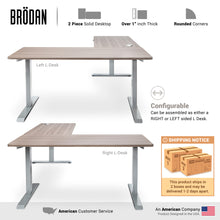 Load image into Gallery viewer, BRODAN Electric Standing L Desk with Power Charging Station, Oak Top with Gray Frame, 67x59 inches
